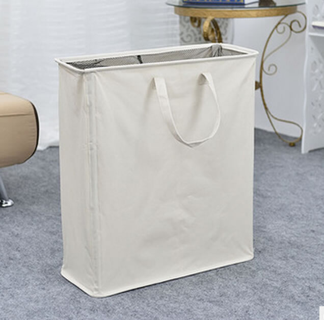 Foldable Beige Polyester 2-compartment Laundry Hamper Bin